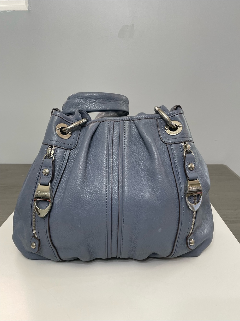 B. Makowsky Blue Leather Bow Shoulder Bag Purse Silver Hardware